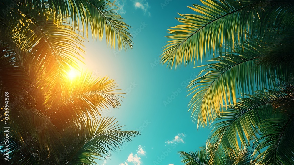 Palm leaves and sun shining through the blue sky. Palm leaves and sun shining through the blue sky.