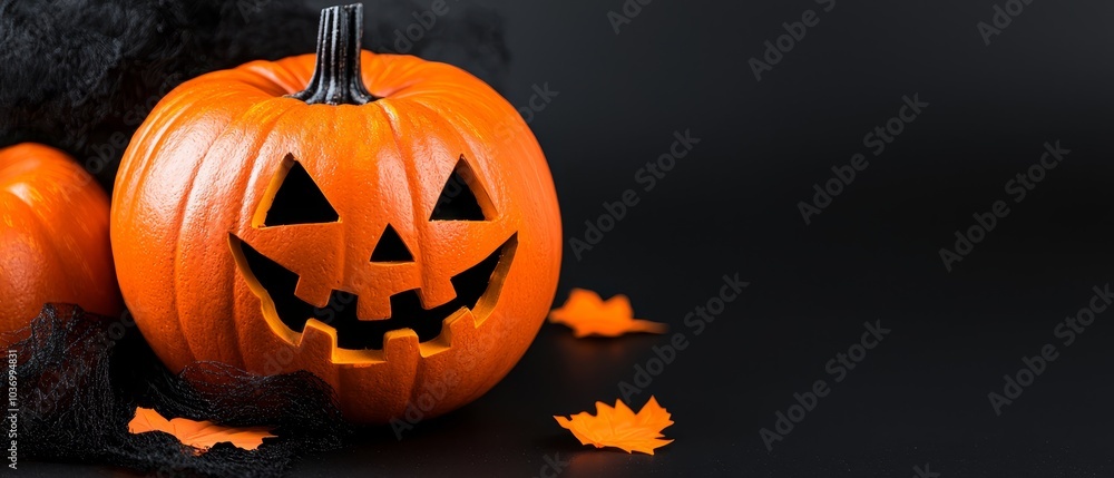 Two Jack-o-lantern pumpkins atop a black background, with autumn leaves emanating from them Two Jack-o-lantern pumpkins atop a black background, with autumn leaves emanating from them