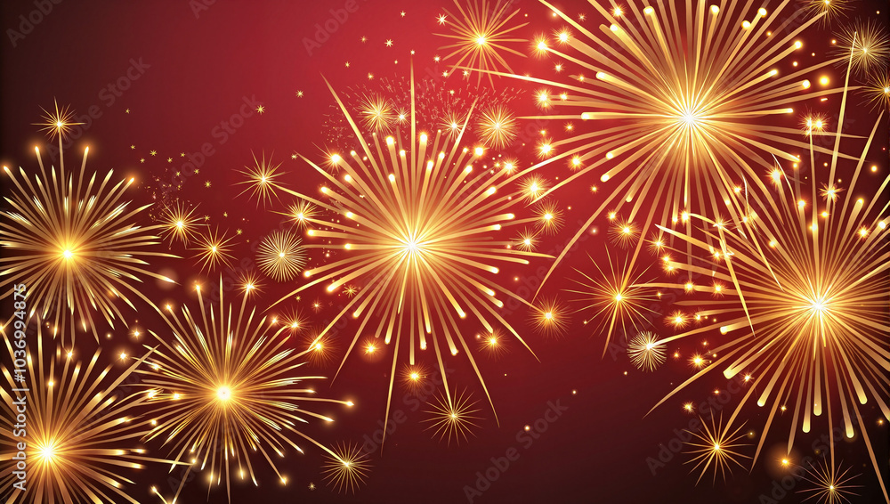 Fototapeta premium Golden Fireworks Explosion Against Dark Red Sky