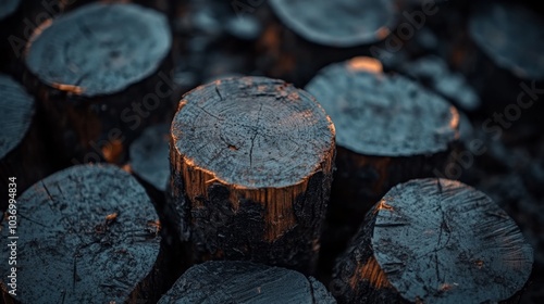 Close-up photo of a stack of wood pile, with unperfect round-cut ends photo