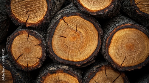 Close-up photo of a stack of wood pile, with unperfect round-cut ends