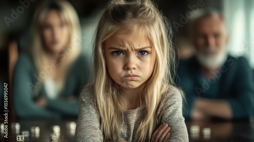 A young girl looks upset, sitting at a table with her parents in the background, possibly after a board game. The family's emotions are palpable in this candid moment.