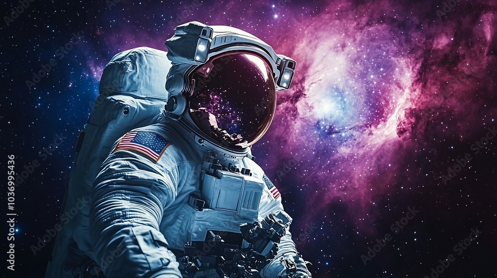 An astronaut in a spacesuit floats in space with a nebula in the background. An astronaut in a spacesuit floats in space with a nebula in the background.