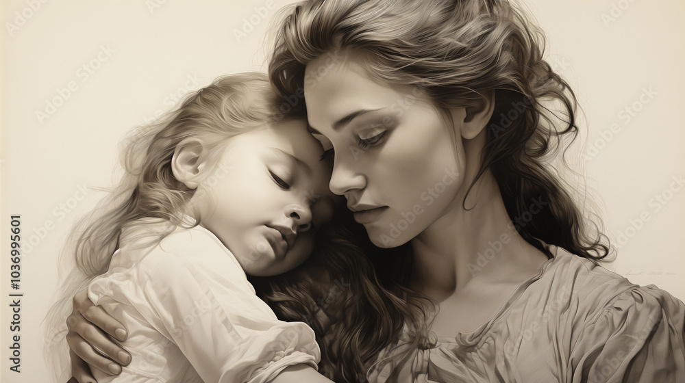 Mother and Daughter Embracing Tenderly in Soft Sepia Tones Mother and Daughter Embracing Tenderly in Soft Sepia Tones