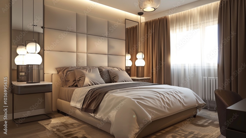 An elegant zen Scandinavian bedroom with a double bed an upholstered headboard An elegant zen Scandinavian bedroom with a double bed an upholstered headboard