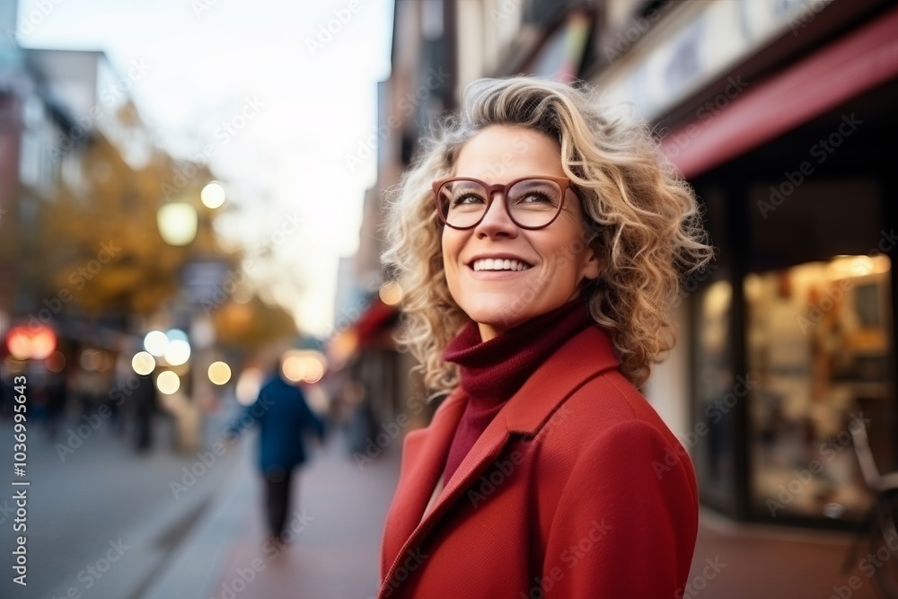Portrait of a beautiful middle-aged woman in red coat and eyeglasses on a city street Portrait of a beautiful middle-aged woman in red coat and eyeglasses on a city street