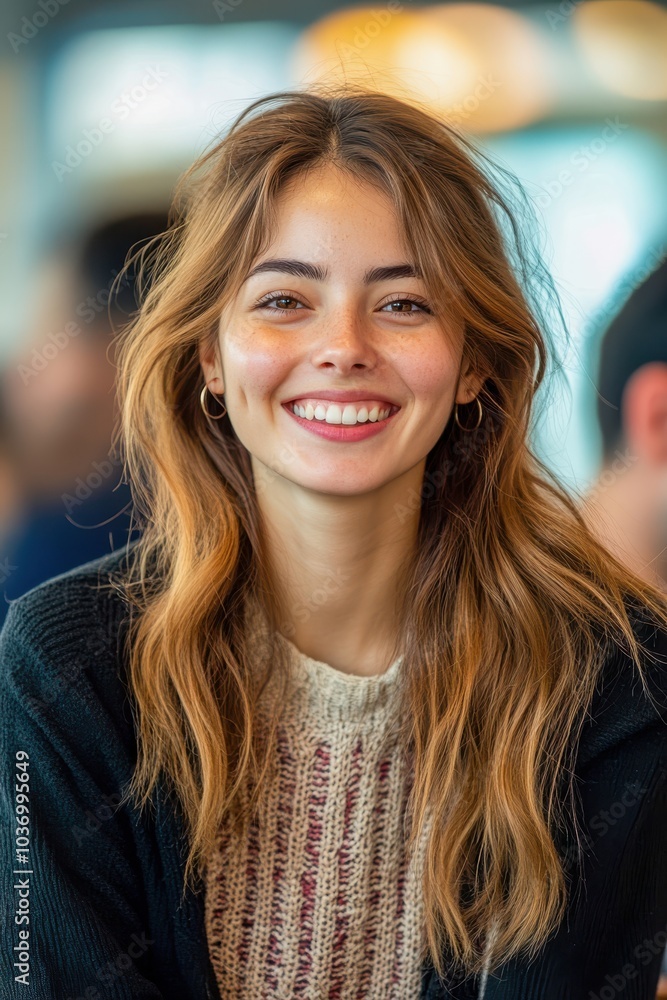 Young Woman Smiling in Café Setting with Blurred Background. Young Woman Smiling in Café Setting with Blurred Background.