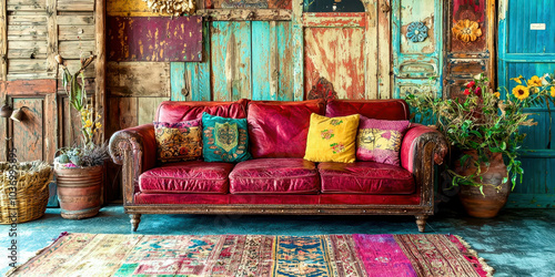 A red couch with pillows and a rug in front of a wall with a lot of old wood