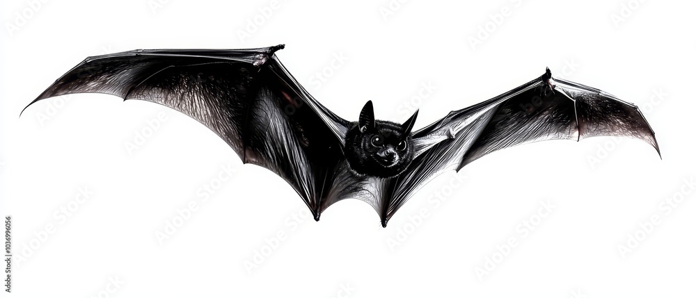 Fototapeta premium A black bat in flight, wings splayed, head askew