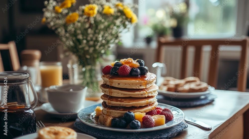 Indulge in a Perfect Morning: Fluffy Pancakes Topped with Fresh Berries, Surrounded by a Cozy Breakfast Setup and a Touch of Floral Beauty Indulge in a Perfect Morning: Fluffy Pancakes Topped with Fresh Berries, Surrounded by a Cozy Breakfast Setup and a Touch of Floral Beauty