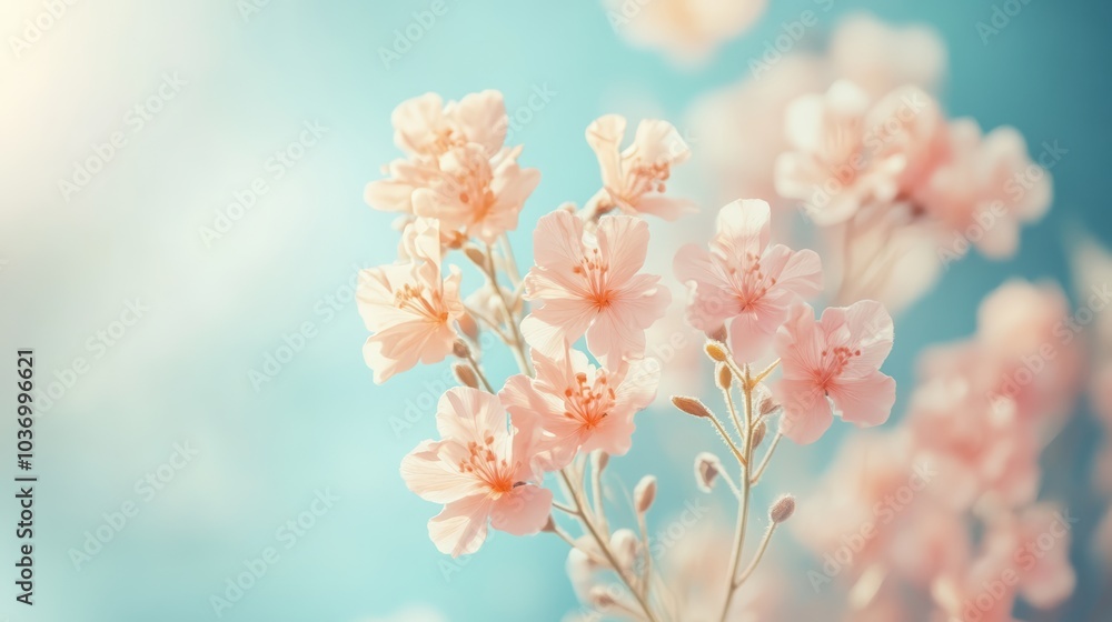 Soft Pastel Pink Flowers Blooming in Spring, Delicate Floral Background Soft Pastel Pink Flowers Blooming in Spring, Delicate Floral Background