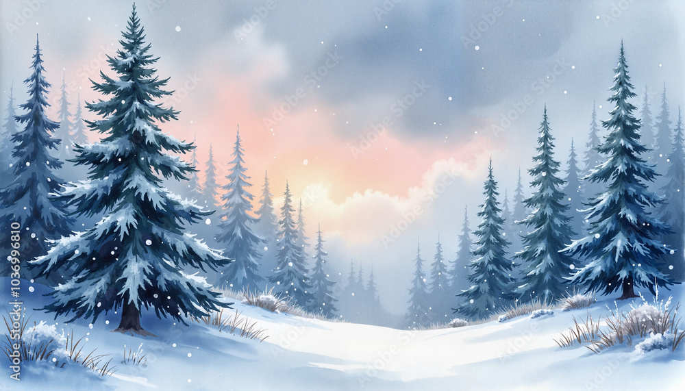 Fototapeta premium Winter forest landscape with snow-covered trees and a soft glowing horizon at sunset