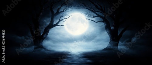 Wallpaper Mural a full moon bathes the body of water in an eerie glow, while trees loom ominously in the foreground The scene is sh Torontodigital.ca