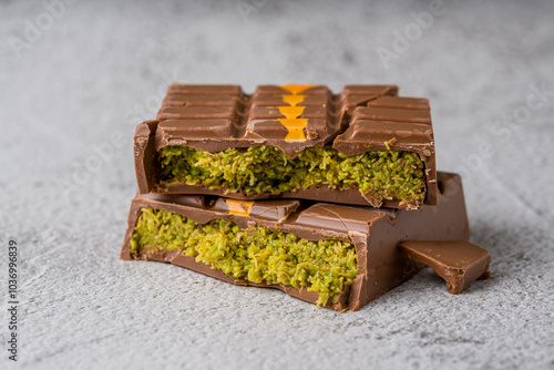 Photography Dubai Chocolate bar with green kadayif and peanut butter on white stone table