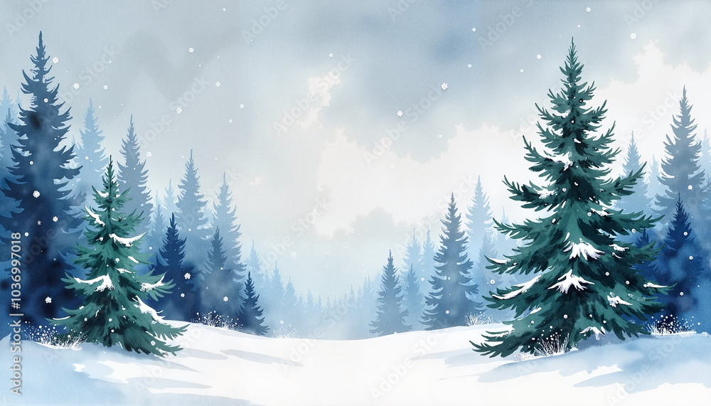 Fototapeta premium Snowy winter forest scene with evergreen trees and gentle snowfall against a soft background