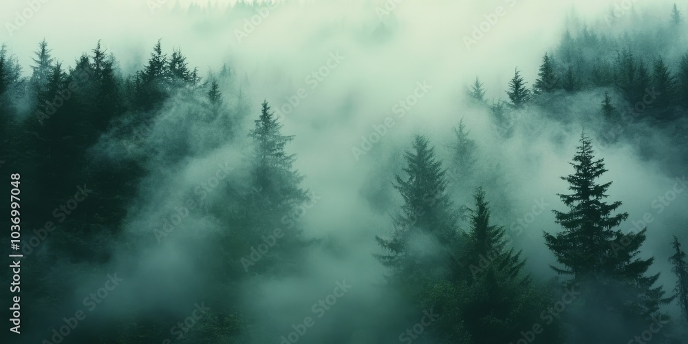 Mystical dense fog over a serene evergreen forest Mystical dense fog over a serene evergreen forest