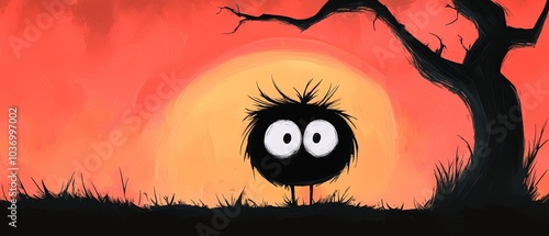 A black bird before a tree against a backdrop of red and orange sky