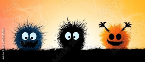  Three small monsters cluster together, before an orange-yellow sunset with clouds