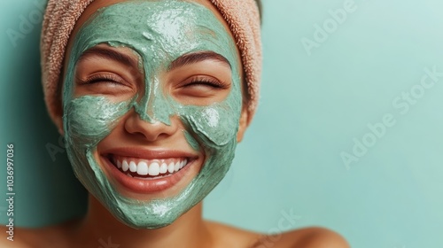 A happy woman with gleaming white teeth and a green facial mask is shown smiling, highlighting themes of beauty, self-care, and wellness in a spa setting. photo