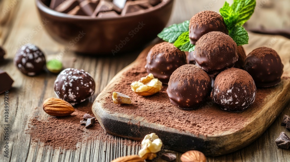 Decadent Chocolate Truffles: Indulge in Rich, Handcrafted Treats Topped with Nuts and Cocoa for a Luxurious Dessert Experience Decadent Chocolate Truffles: Indulge in Rich, Handcrafted Treats Topped with Nuts and Cocoa for a Luxurious Dessert Experience