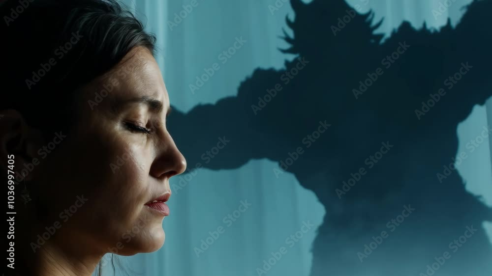 A woman is crying in front of a monster. The monster is in the background and is partially visible A woman is crying in front of a monster. The monster is in the background and is partially visible
