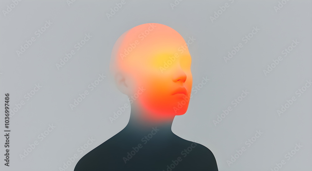 Abstract portrait of dark silhouette of man with orange head, hot warm head, vector minimalistic illustration. Simple lines. Isolated on light gray background. Empty space for text, background image Abstract portrait of dark silhouette of man with orange head, hot warm head, vector minimalistic illustration. Simple lines. Isolated on light gray background. Empty space for text, background image