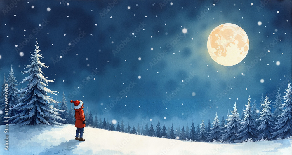 Fototapeta premium Child in a red coat gazing at a full moon in a snowy landscape during a winter night