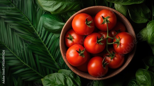 A top-down view of a wooden bowl filled with ripe, red tomatoes surrounded by fresh, green leaves, capturing nature’s bounty and the essence of freshness. photo