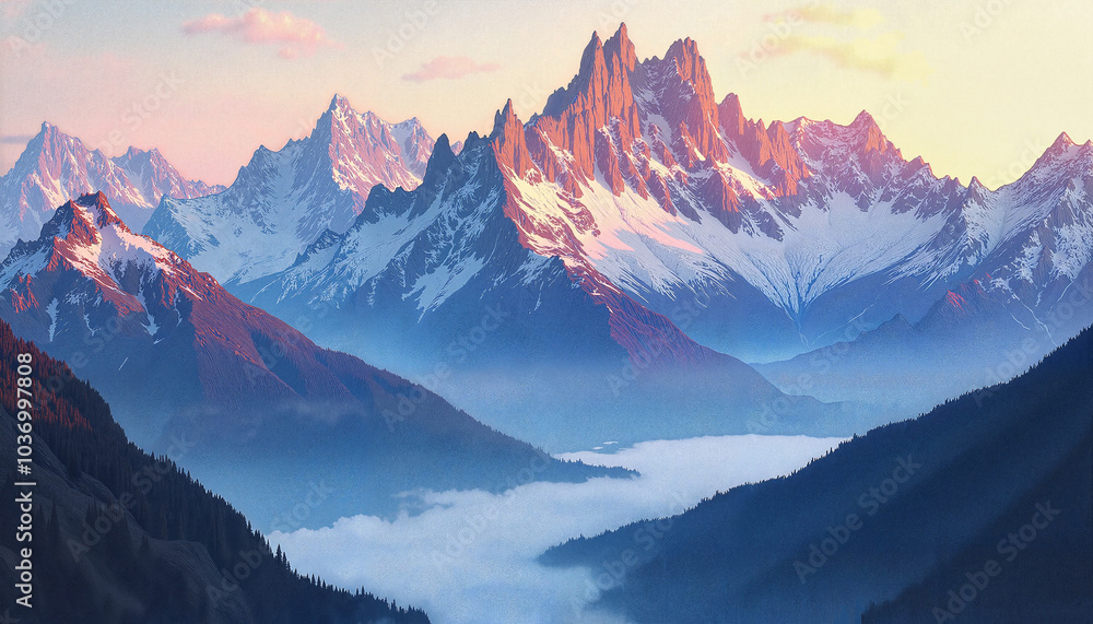 Obraz premium Majestic mountain landscape at sunrise with snow-capped peaks and misty valleys