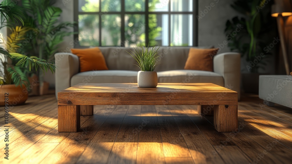 Fototapeta premium Modern wooden living room table in the living room, authentic, wide angle