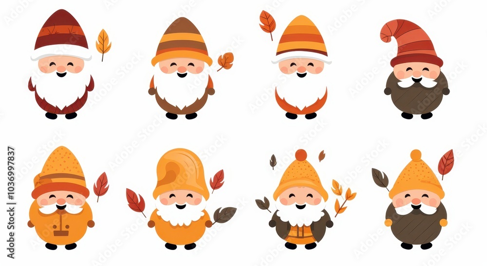 Eight Smiling Gnomes with Autumn Leaves Eight Smiling Gnomes with Autumn Leaves