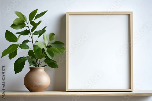 Elegant Minimalist Framed Art with Lush Green Foliage in Vase, A clean and serene minimalist setup featuring a wooden frame with a blank canvas, placed beside a beautiful potted plant with glossy 