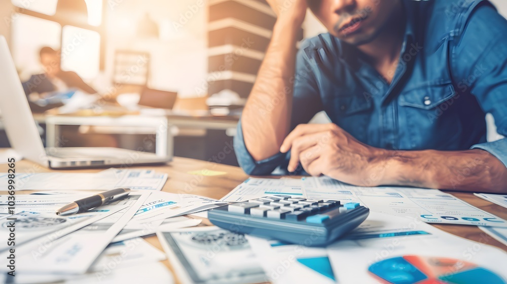 Fototapeta premium A distressed individual seated at a table covered with scattered financial documents and a calculator, overwhelmed by consumer debt. stress, financial distress, economic difficulties, anxiety, worry