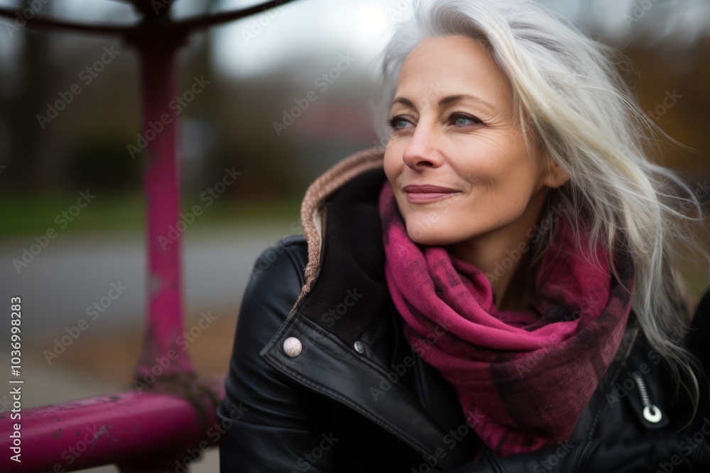 Portrait of beautiful mature woman in scarf on the street in autumn Portrait of beautiful mature woman in scarf on the street in autumn