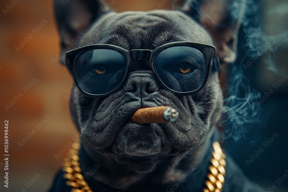 Portrait of strong and angry dog smoking a cigar and looking directly in the camera and wearing black glasses and wearing gold chain around his neck Portrait of strong and angry dog smoking a cigar and looking directly in the camera and wearing black glasses and wearing gold chain around his neck