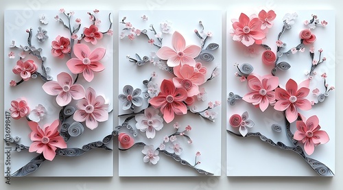  Intricate Floral Paper Quilling Art in Triptych Design,elegant triptych features stunning paper quilling designs with intricate pink and white blossoms spread across three panels