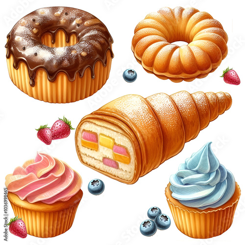 Set of cupcake and bakery items