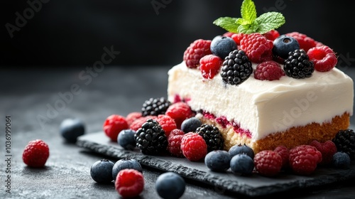 A luscious slice of cheesecake, elegantly topped with a mix of fresh berries including blueberries and raspberries, adorned with a mint leaf on a slate plate. photo