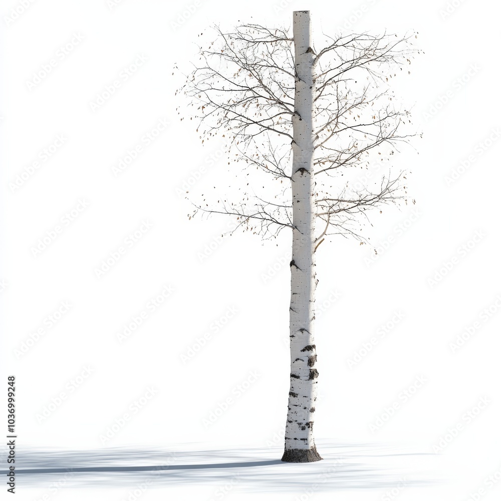the trunk of a young white aspen tree trunk, light coming from one side, isolated against a white background