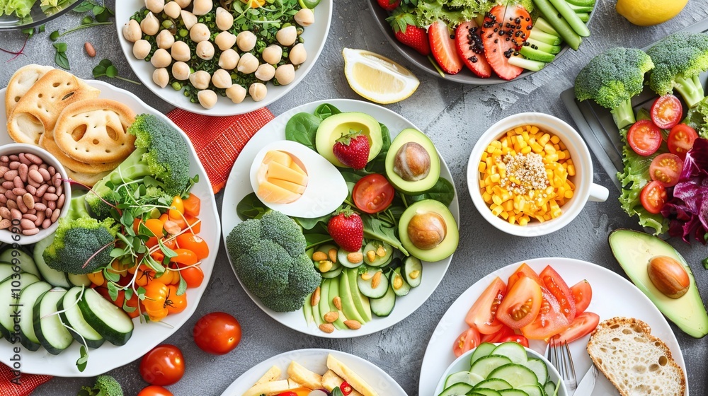 Assortment of healthy food dishes. Top view. Free space for your text. Assortment of healthy food dishes. Top view. Free space for your text.