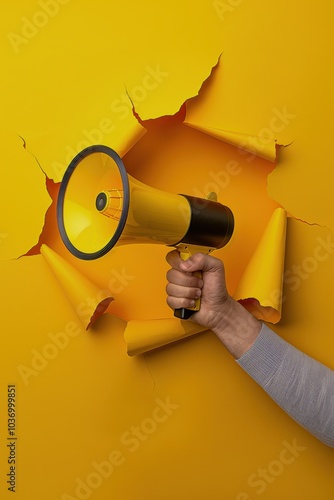 Hand Holding Yellow Megaphone Against a Yellow Background with Cardboard Cutout. photo