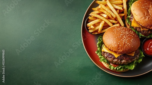 Two savory cheeseburgers with crisp fries and a side of ketchup are beautifully arranged on a stylish plate, offering a classic dining experience. photo