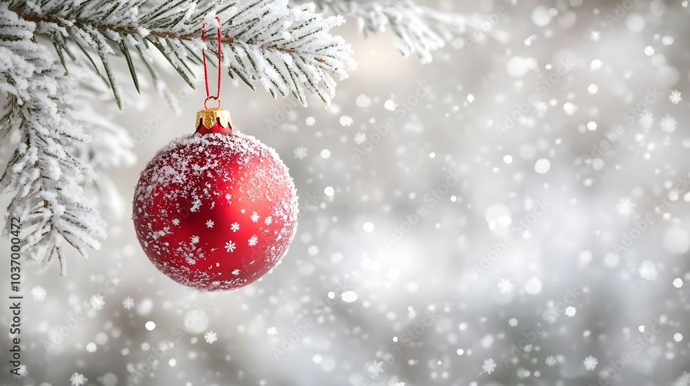 A Red Christmas Ornament Hanging on a Snow-Covered Pine Branch A Red Christmas Ornament Hanging on a Snow-Covered Pine Branch