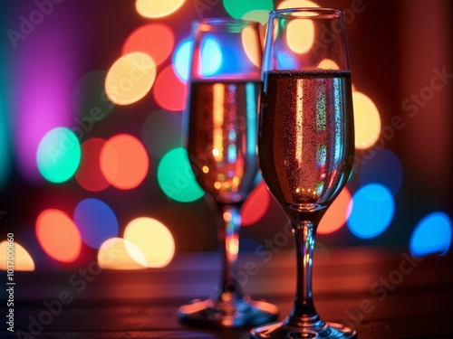 Cheers to celebration with sparkling glasses against a backdrop of colorful festive lights in a cozy setting