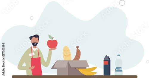 Volunteering at food bank and give groceries to poor.Homeless community support with cans, vegetables,flat design with people.