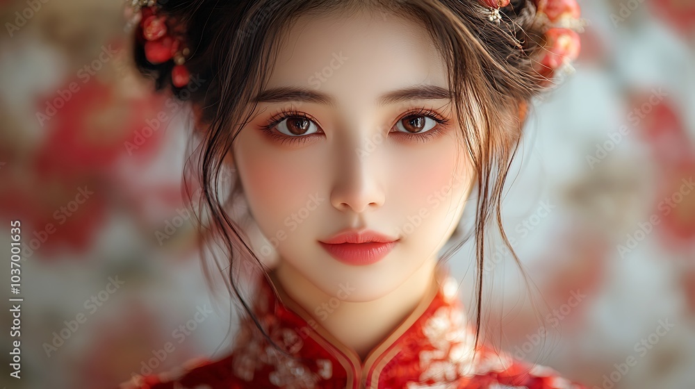 A young woman in traditional Chinese attire with red flowers in her hair stares intensely at the camera. A young woman in traditional Chinese attire with red flowers in her hair stares intensely at the camera.