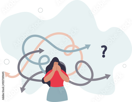Decision fatigue and tired female with confusion struggle .flat design with people.