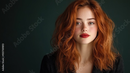 A woman with wavy red hair is portrayed in a striking manner against a dark background, her piercing eyes and bold red lips creating a mesmerizing presence.