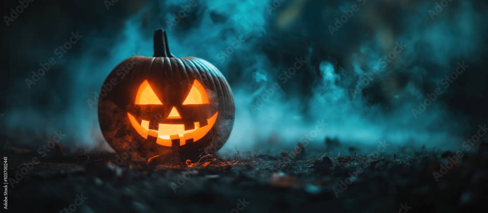 Naklejka premium blue night glowing lit halloween pumpkin smiling jack-o-lantern on a dark background foggy smokey backdrop mysterious space for text banner marketing