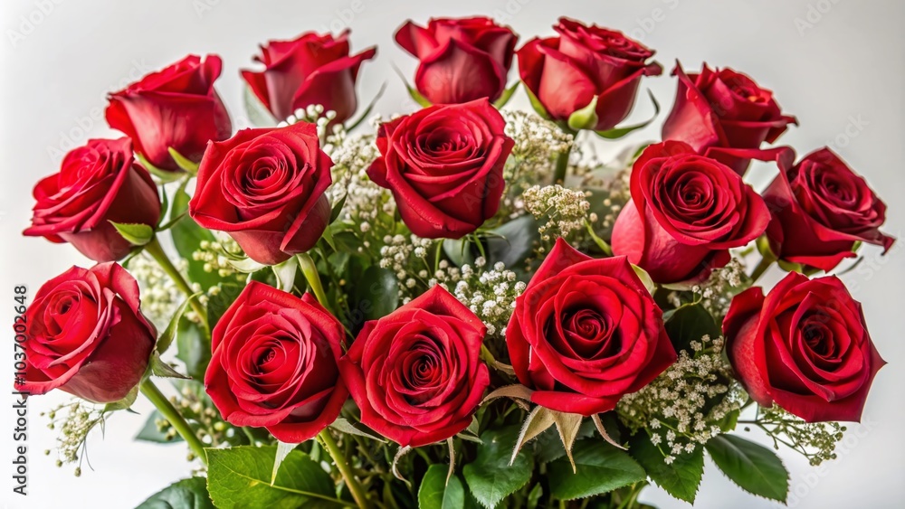 Beautiful long-stemmed red roses in a elegant bouquet arrangement on a crisp white canvas background, perfect festive gift idea for a joyful holiday season. Beautiful long-stemmed red roses in a elegant bouquet arrangement on a crisp white canvas background, perfect festive gift idea for a joyful holiday season.